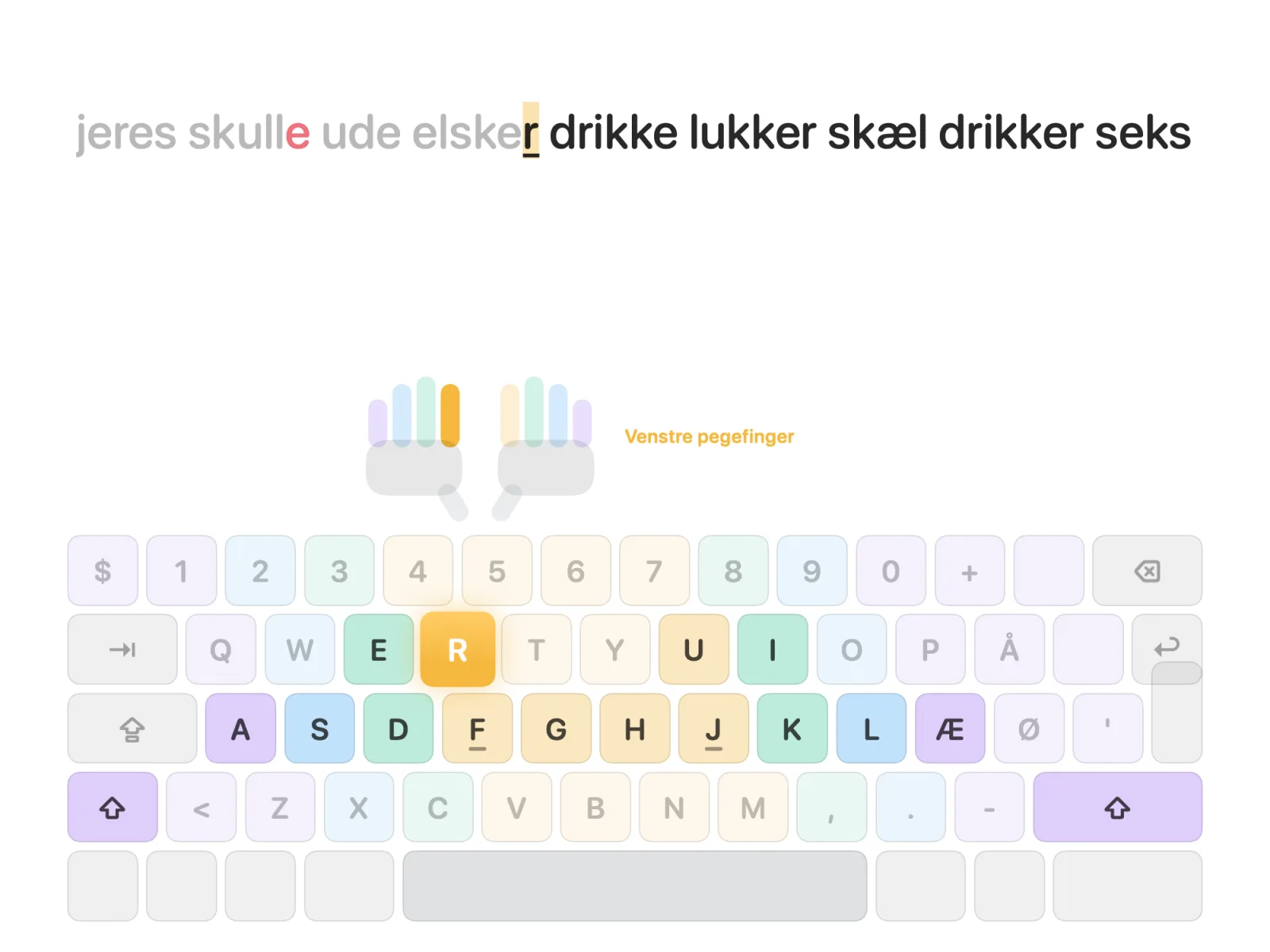 En lektion i Tifinger: den næste tast lyser på et farverigt tastatur, og et par små hænder viser, hvilken finger der skal bruges.