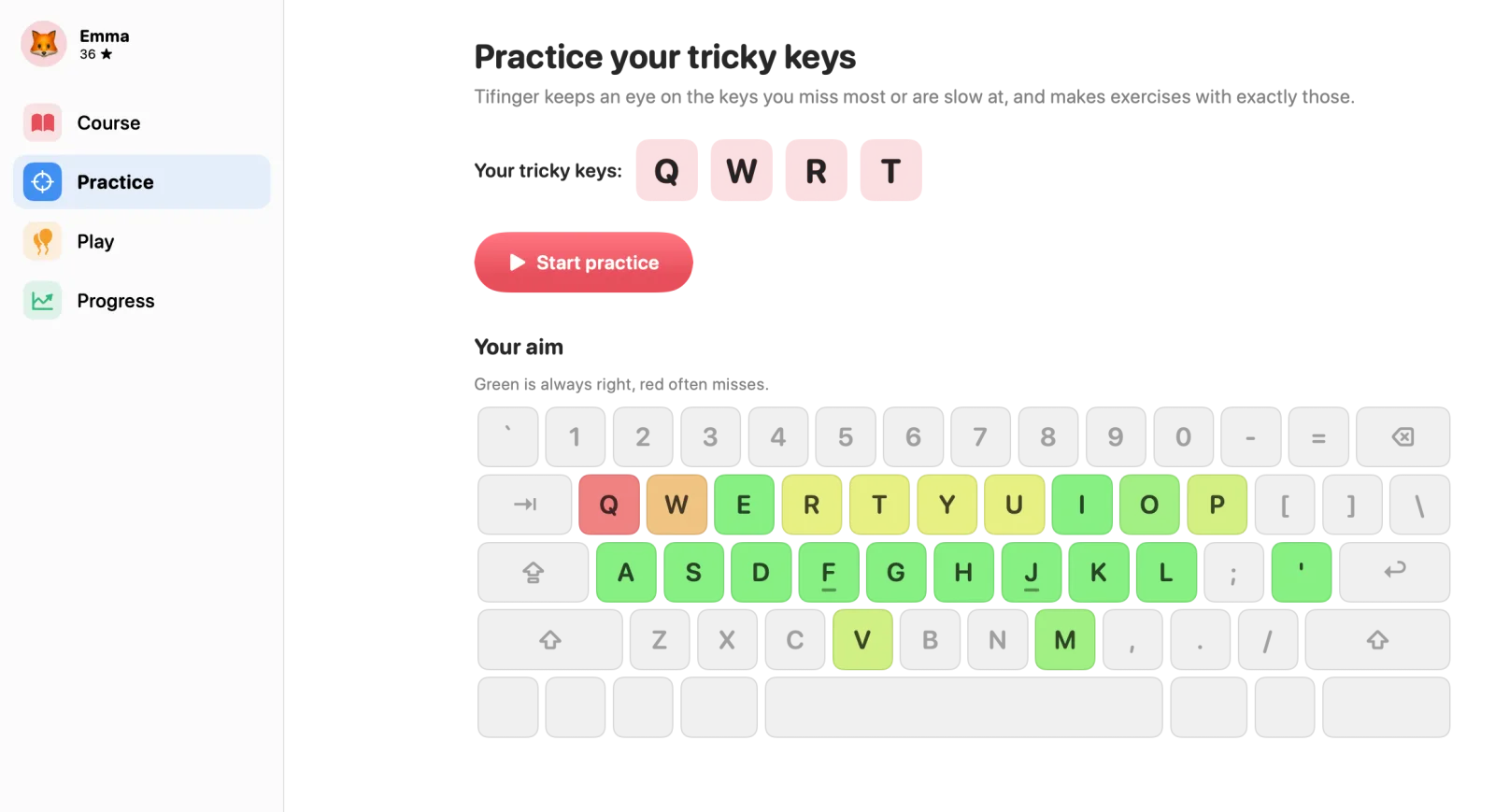 Practice: the keys typed best are green, the ones that slip are red, and the hardest four get their own drill.