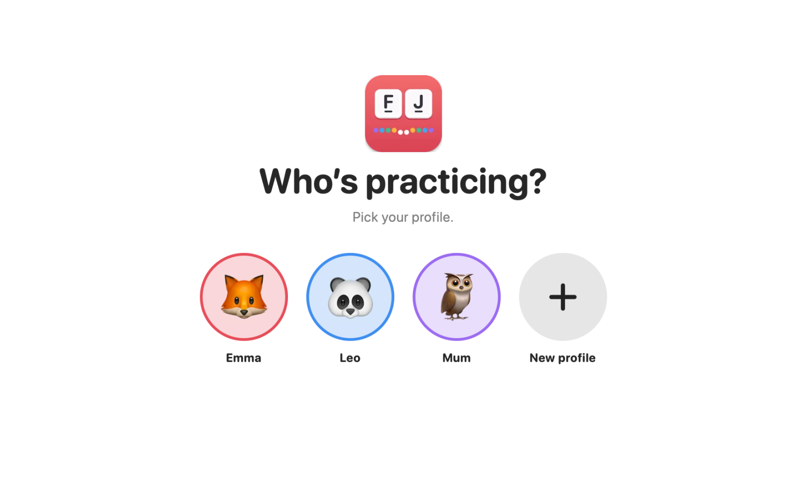 Who’s practising? Each family member has a profile with an animal.