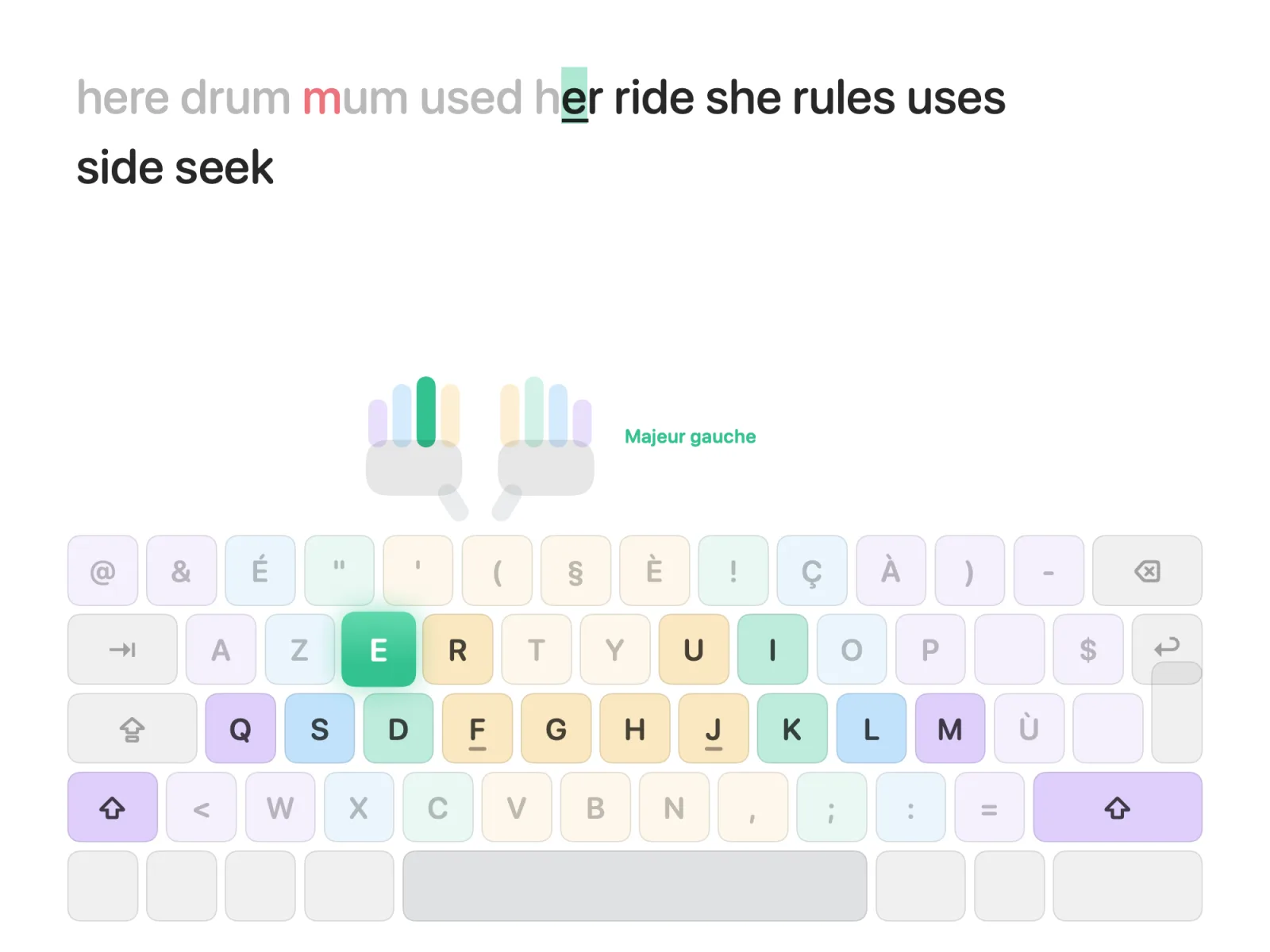 Une leçon dans Tifinger : la prochaine touche s’allume sur un clavier coloré, et deux petites mains montrent quel doigt utiliser.