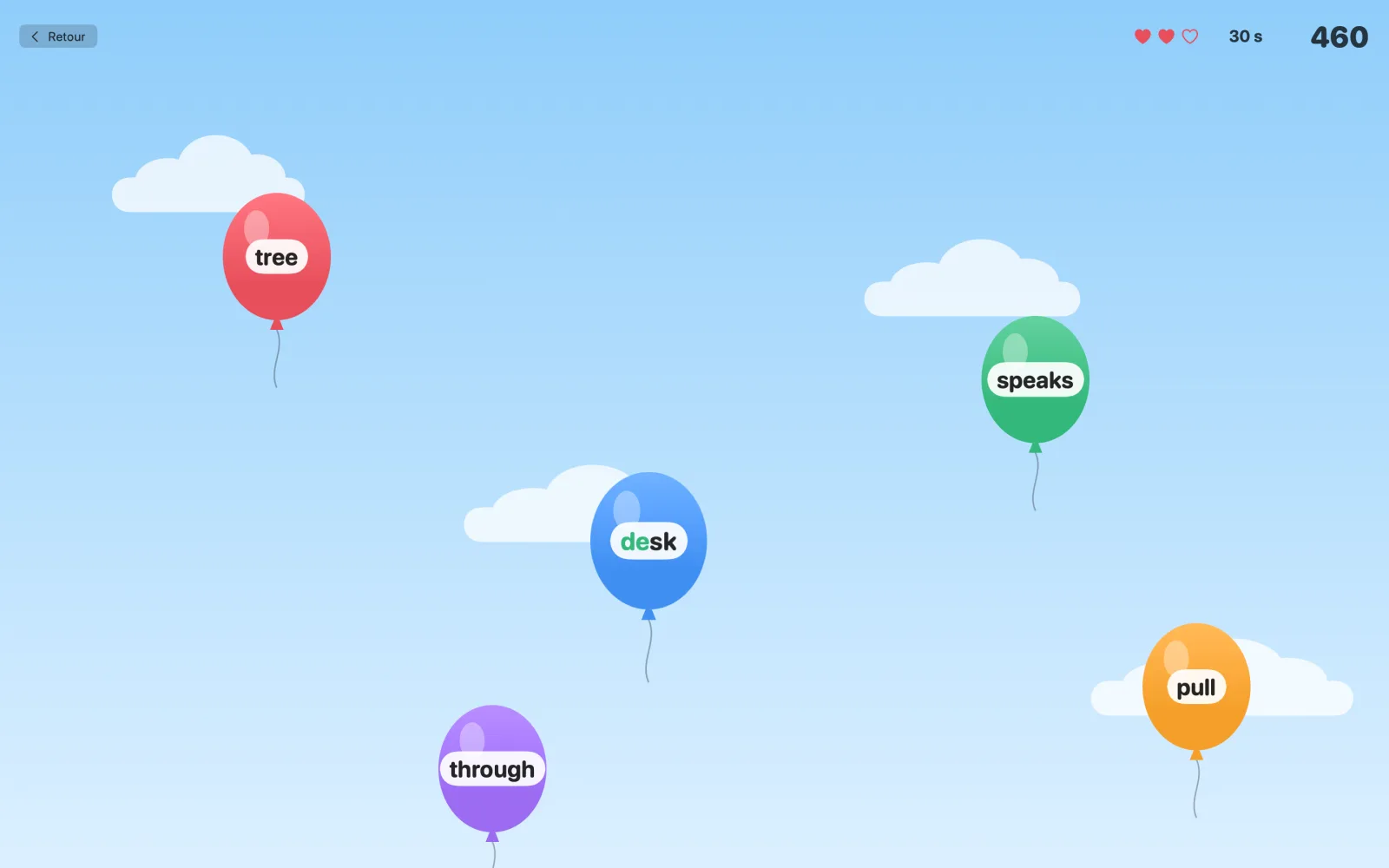 Le jeu de ballons : des mots montent sur des ballons colorés et éclatent quand on les tape.