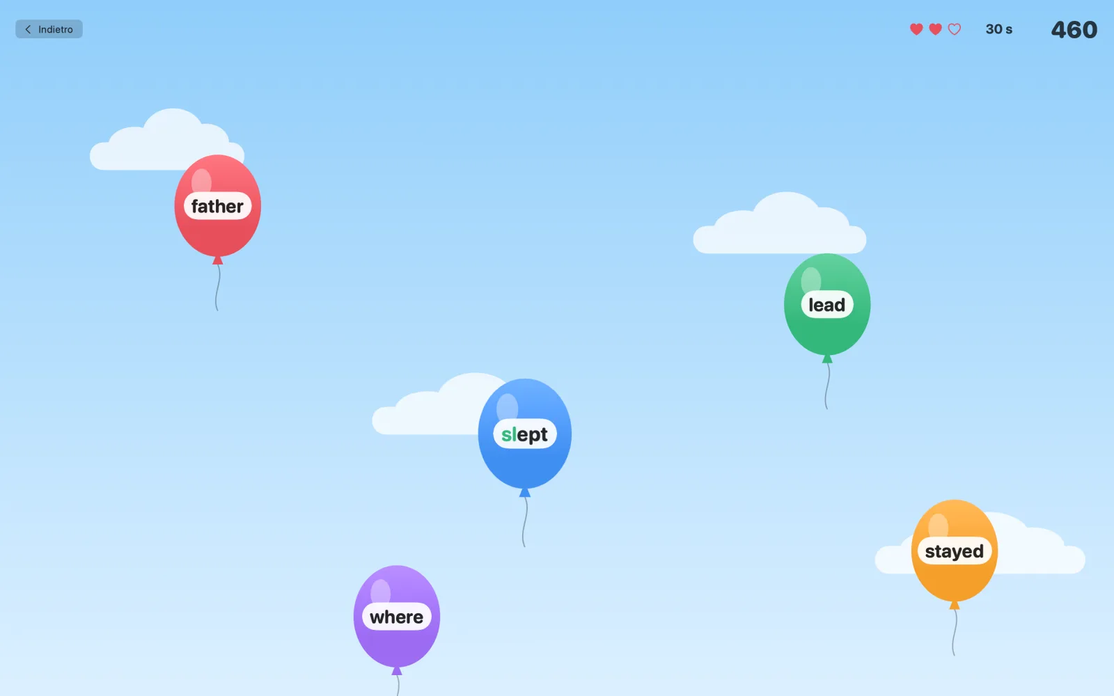 Il gioco dei palloncini: le parole salgono su palloncini colorati e scoppiano quando vengono scritte.